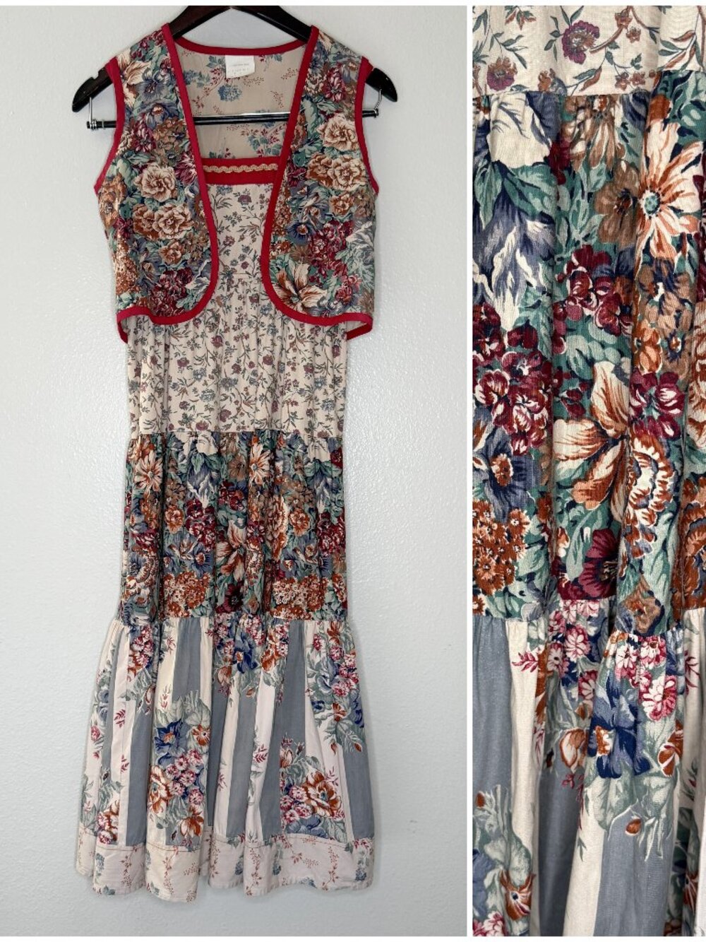 Vintage 70s Two Piece Cottage Floral Prairie Vest Dress Set | Size XXS/XS